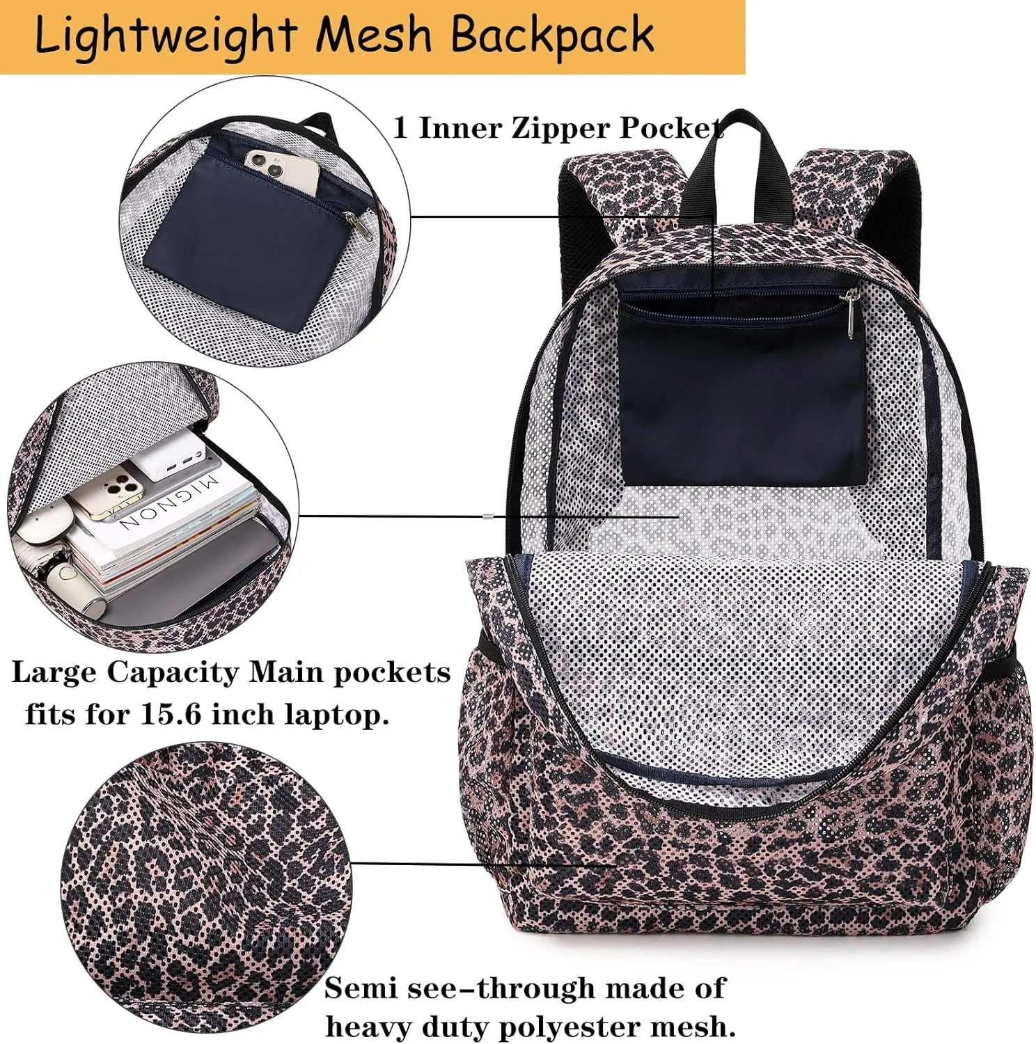 Mesh Backpack for Girls Clear bag Semi-Transparent School Backpack See Through Girls Backpack Large Capacity Casual Daypack Teen Bookbag Leopard backpack