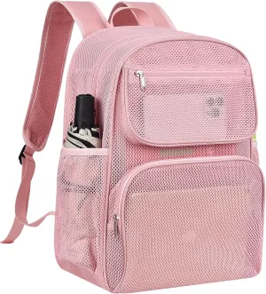 Mesh Backpack with Inner Compartment, Large Heavy Duty Mesh Bag with Padded Shoulder Straps for Travel Swimming Hiking Beach - Princess Pink
