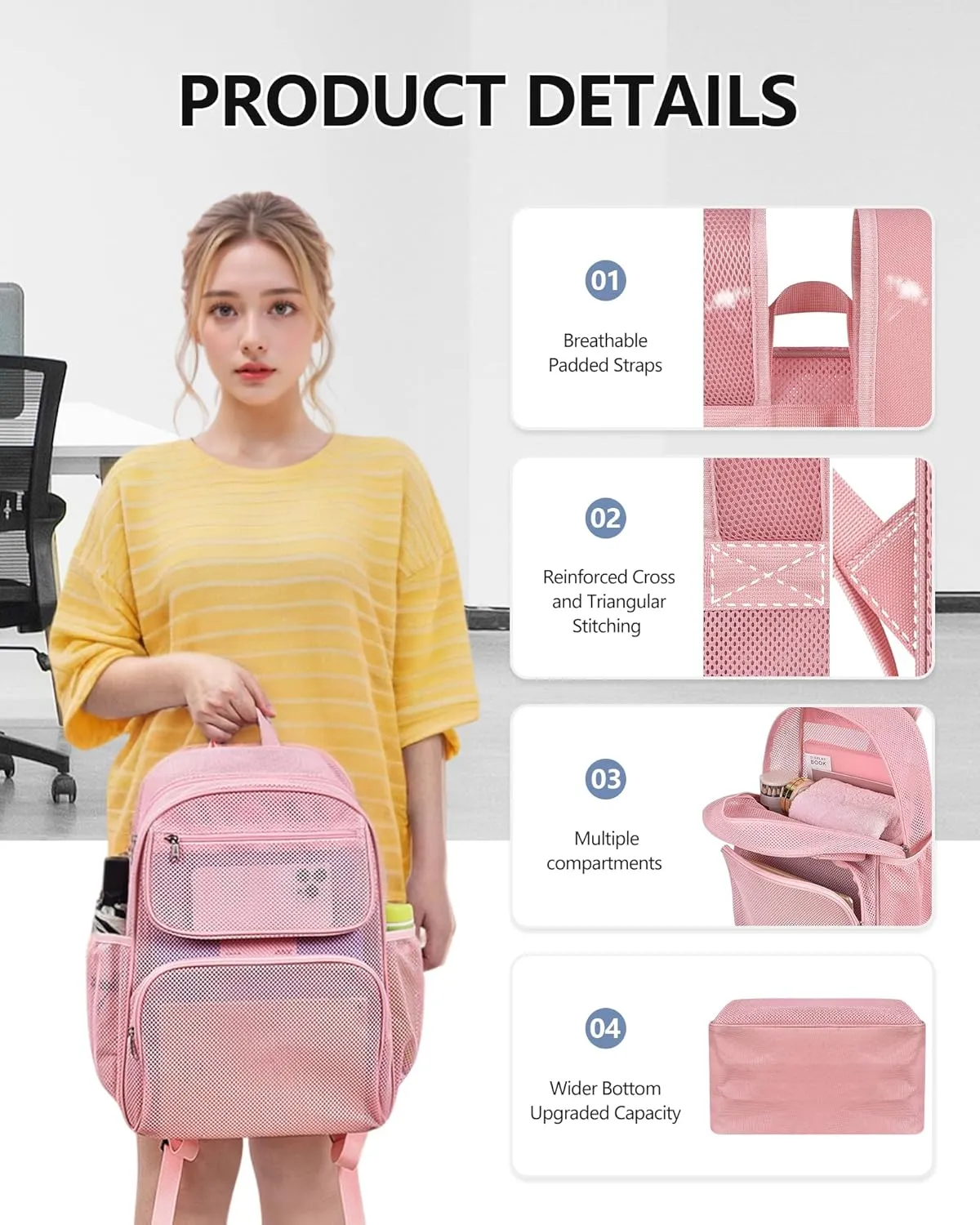 Mesh Backpack with Inner Compartment, Large Heavy Duty Mesh Bag with Padded Shoulder Straps for Travel Swimming Hiking Beach - Princess Pink