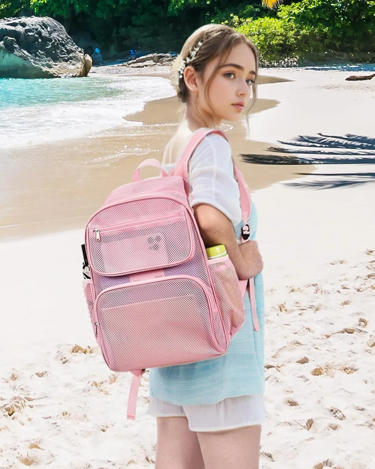 Mesh Backpack with Inner Compartment, Large Heavy Duty Mesh Bag with Padded Shoulder Straps for Travel Swimming Hiking Beach - Princess Pink