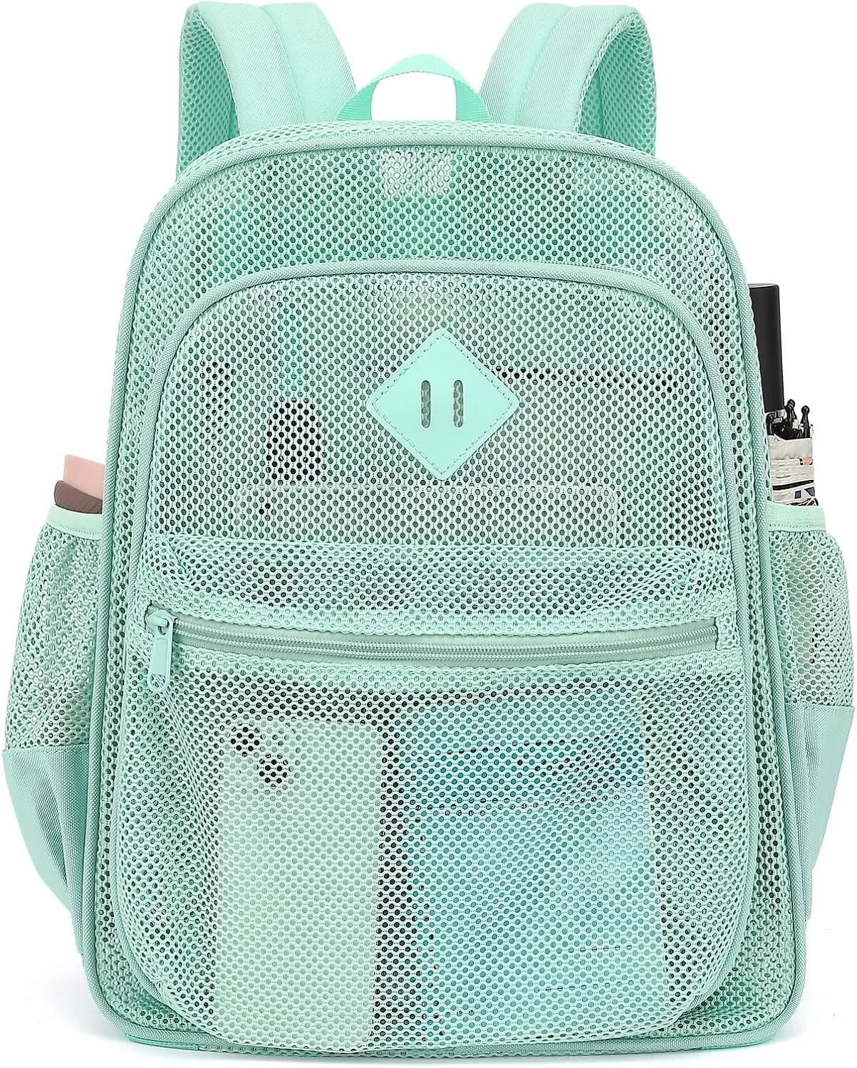 Mesh Bacpack Heavy Duty for School, Lightweight See Through College Backpack for Work Beach Sports (Green)