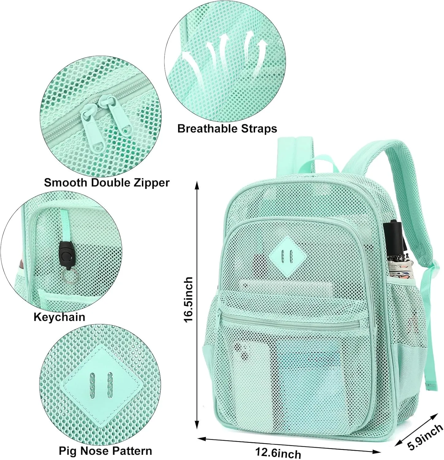 Mesh Bacpack Heavy Duty for School, Lightweight See Through College Backpack for Work Beach Sports (Green)