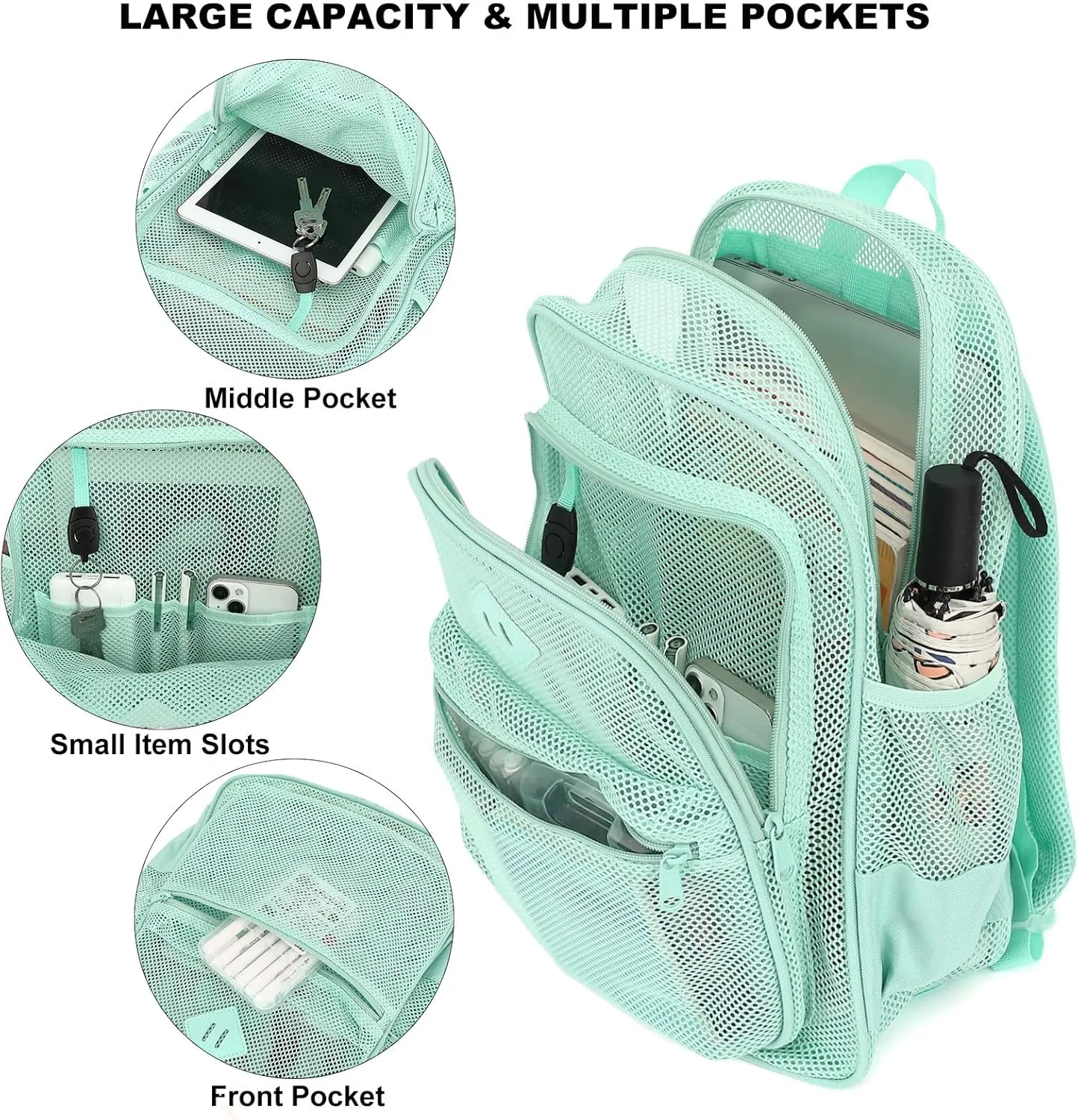 Mesh Bacpack Heavy Duty for School, Lightweight See Through College Backpack for Work Beach Sports (Green)