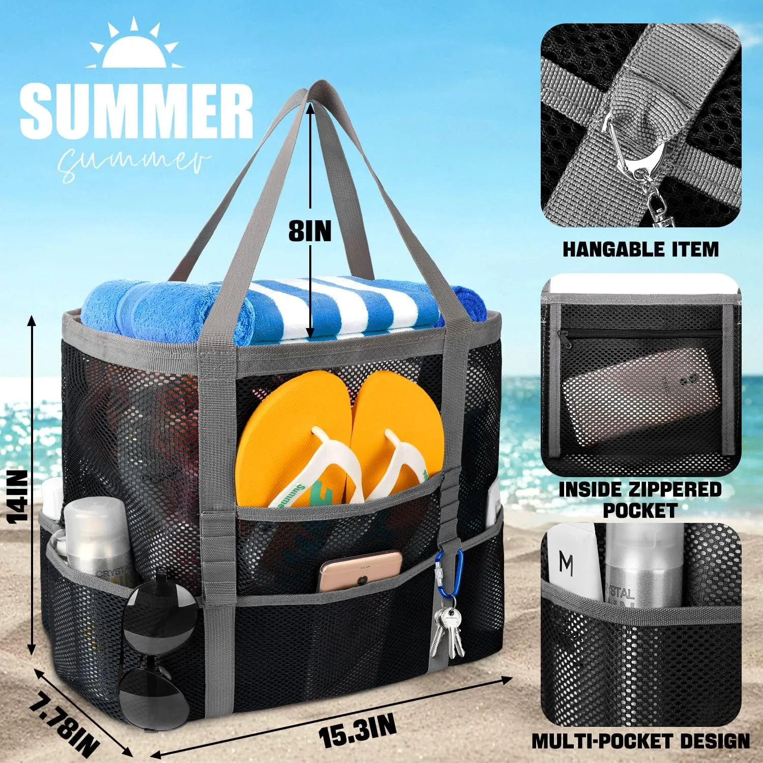 Mesh Beach Bag, Large Beach Bag Swimming Bag Foldable Mesh Tote for Your Family Beach Trip