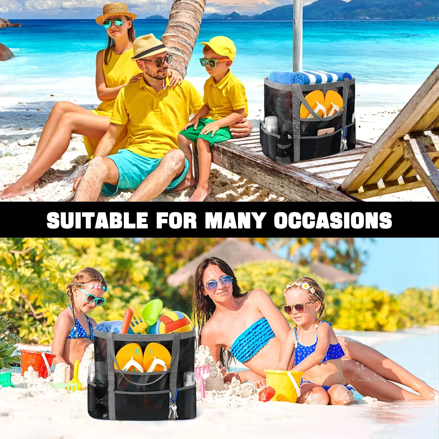 Mesh Beach Bag, Large Beach Bag Swimming Bag Foldable Mesh Tote for Your Family Beach Trip