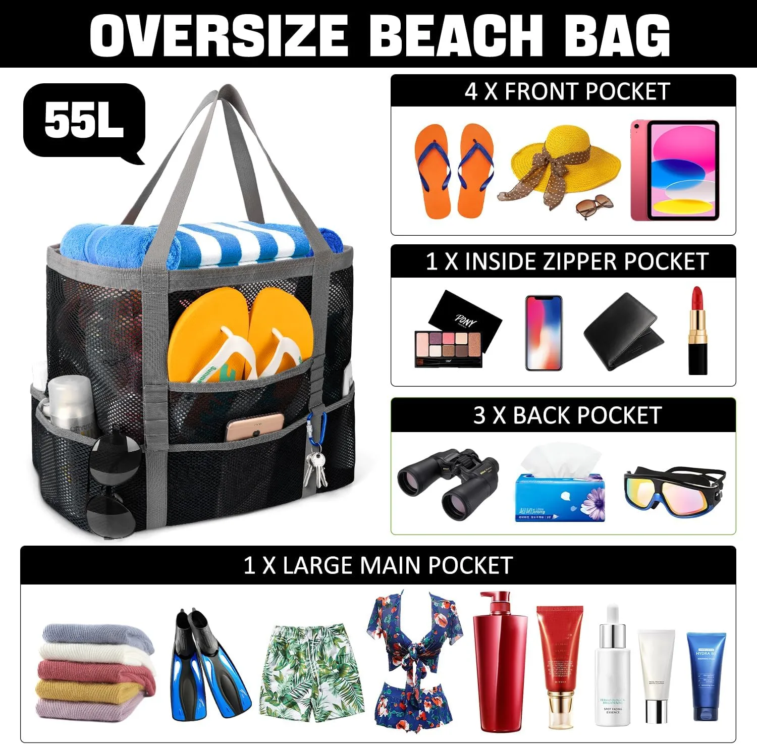Mesh Beach Bag, Large Beach Bag Swimming Bag Foldable Mesh Tote for Your Family Beach Trip