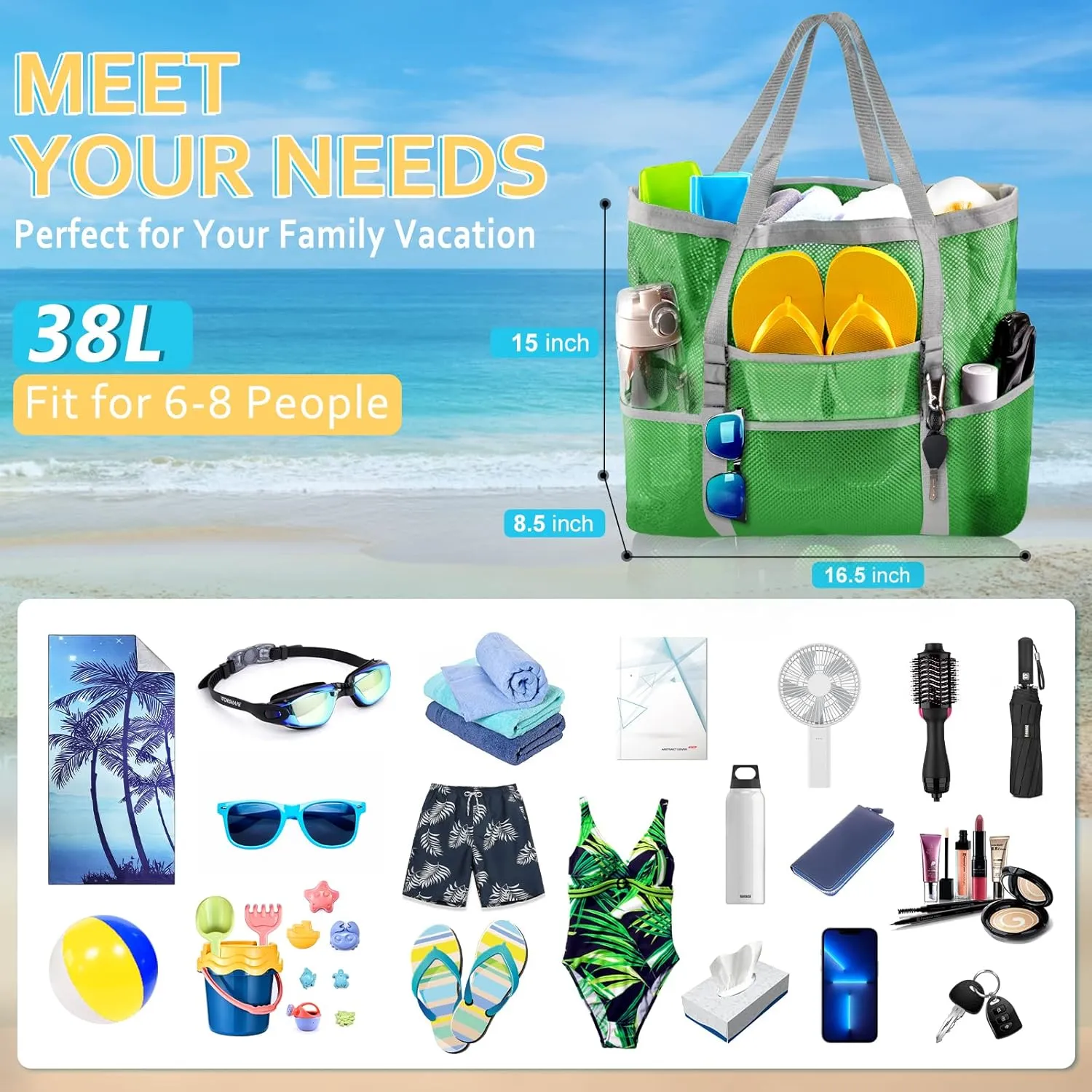 Mesh Beach Bag - Large Tote Bag for Family, Toys & Vacation Essentials