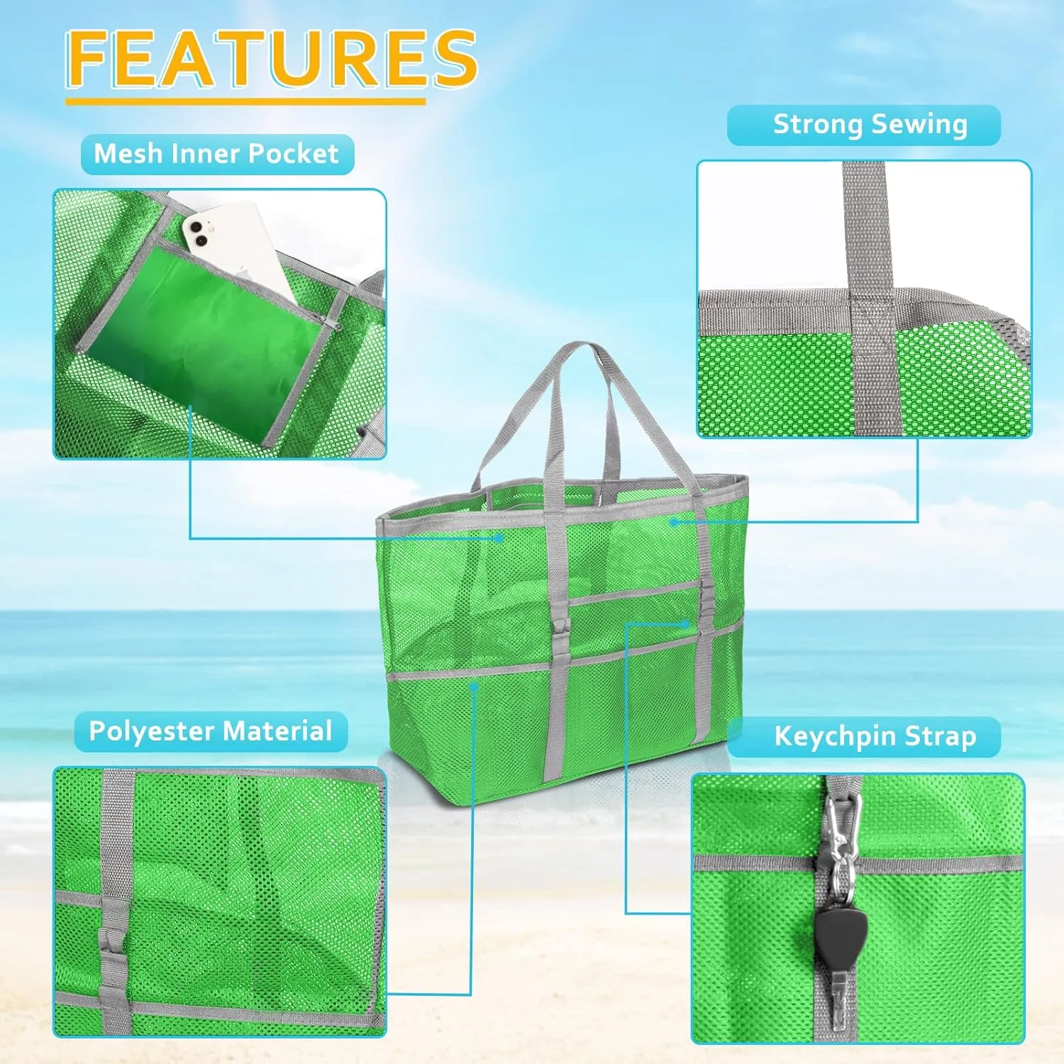 Mesh Beach Bag - Large Tote Bag for Family, Toys & Vacation Essentials
