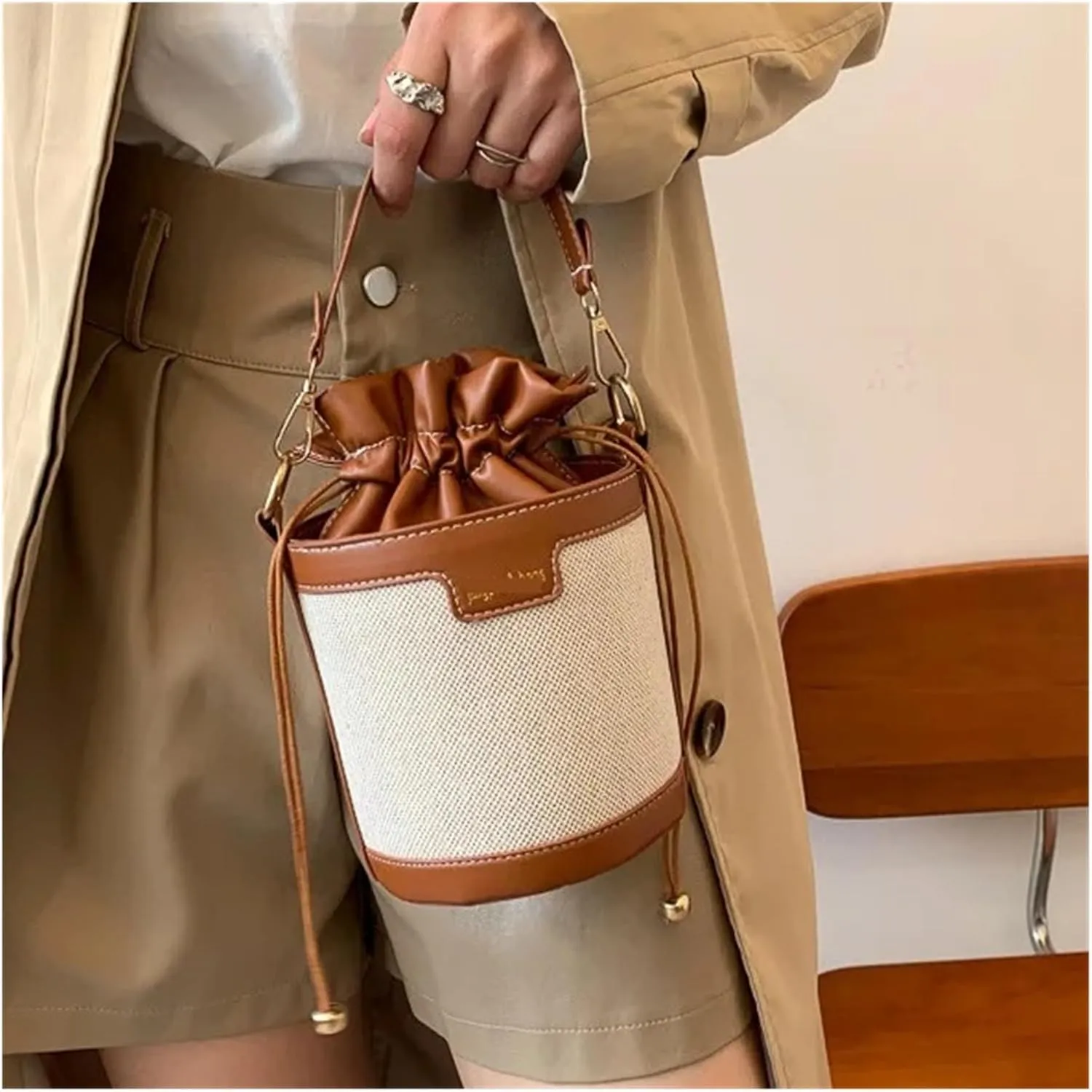 Messenger Bag Shoulder Bags Cylinder PU Leather Bucket Ladies Bag Casual Drawstring Handbags Purse Summer Leisure Bag (Color : Brown)