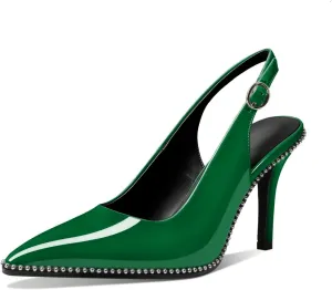 Mettesally Women's Beaded Slingback Pumps Stilettos Heels Closed Pointed Toe Fashion Dress Shoes 3.5 Inches