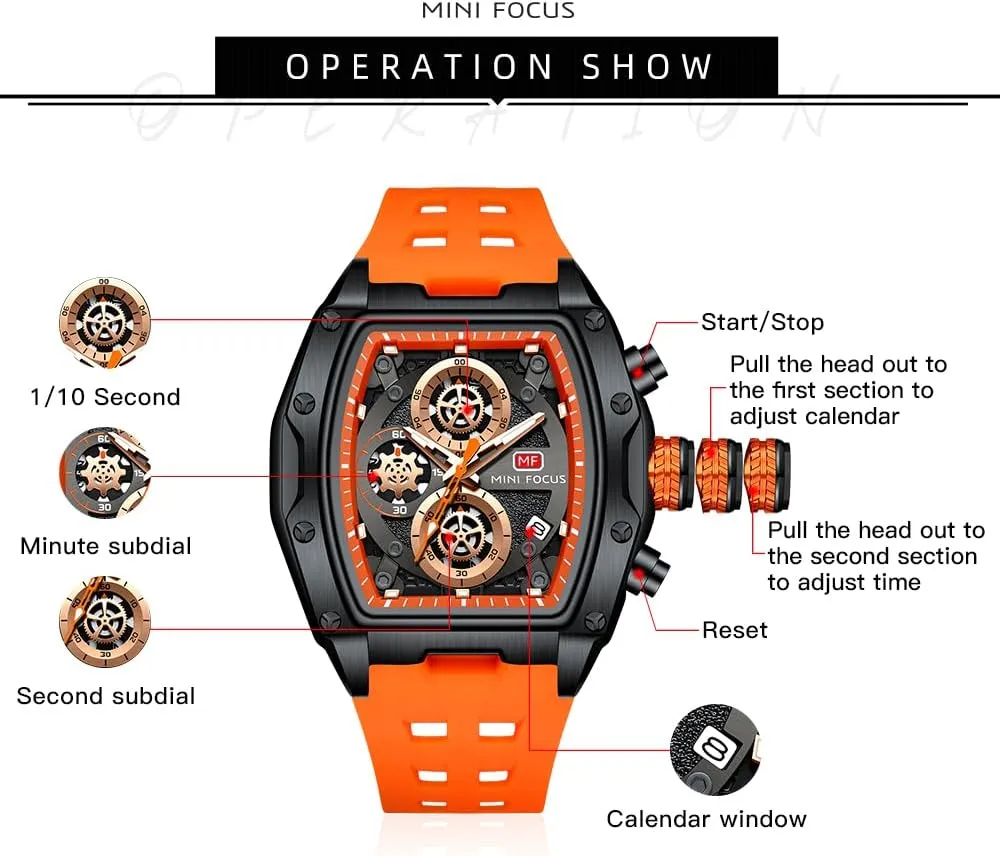 MF MINI FOCUS Men Watches Unique Casual Wrist Watches (Chronograph/Waterproof/Luminous/Calendar) Silicon Band Fashion Watches for Men