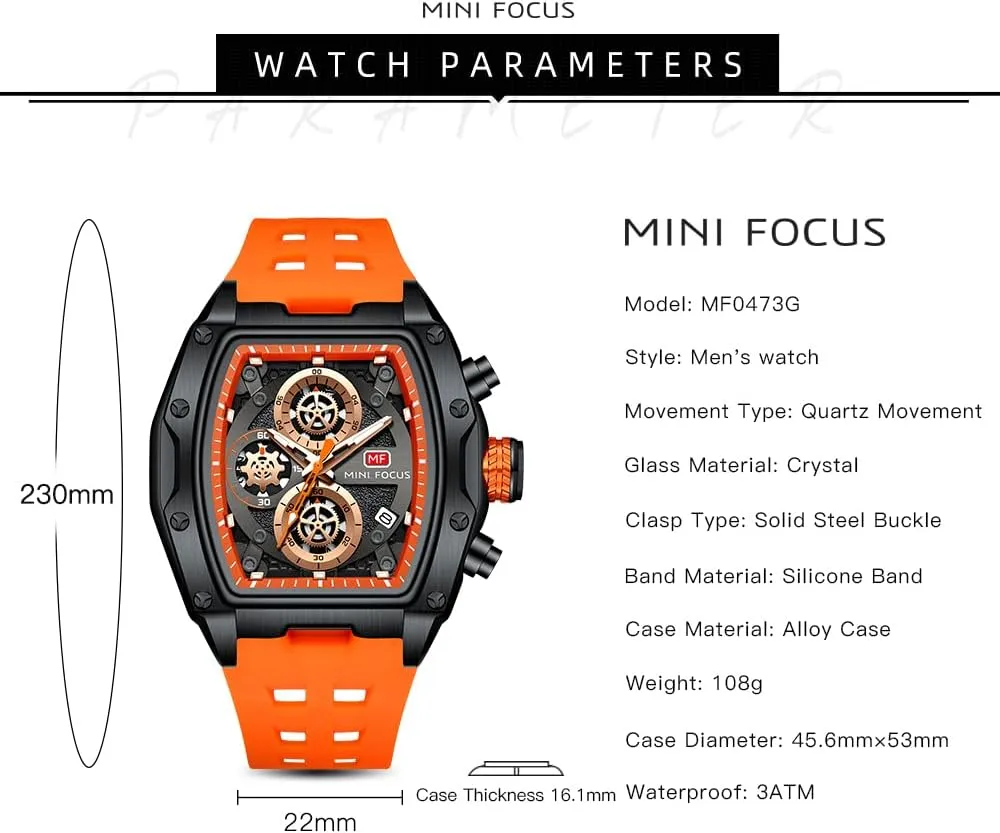MF MINI FOCUS Men Watches Unique Casual Wrist Watches (Chronograph/Waterproof/Luminous/Calendar) Silicon Band Fashion Watches for Men