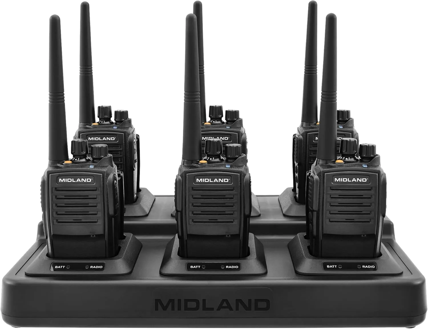 Midland® – BR200X6BGC - 2 Watts 16 Channel Business Radio Band Portable Radio – Two-Way Radio – 250,000 Sq Ft Coverage – Long Range Walkie Talkie – 142 Privacy Codes – Gang Charger Bundle