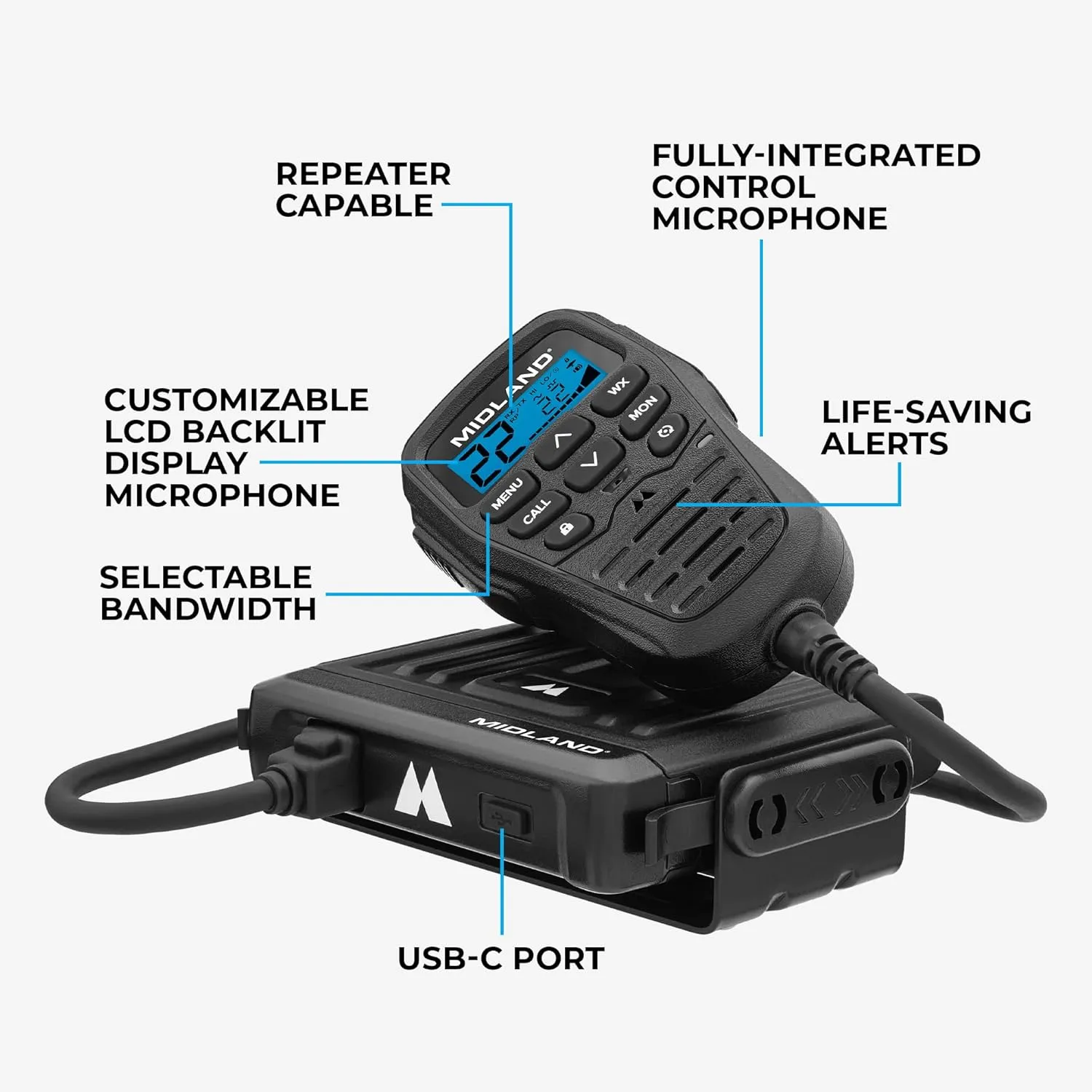 Midland - MXT275 MicroMobile GMRS Radio - 15 watts Two-Way Radio with Integrated Control Microphone - Overland Caravanning Tractors - Detachable External Magnetic Mount Antenna - 8 Repeater Channels