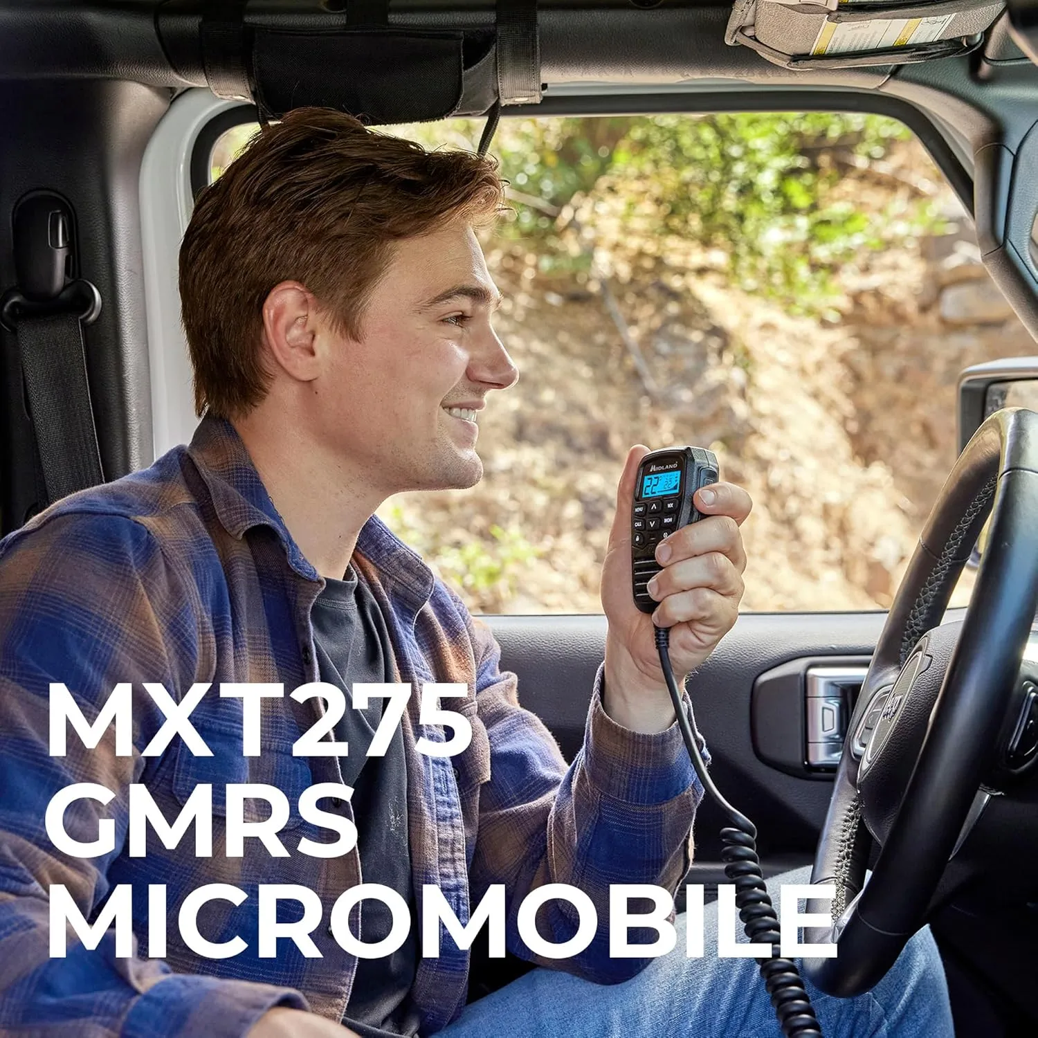 Midland - MXT275 MicroMobile GMRS Radio - 15 watts Two-Way Radio with Integrated Control Microphone - Overland Caravanning Tractors - Detachable External Magnetic Mount Antenna - 8 Repeater Channels