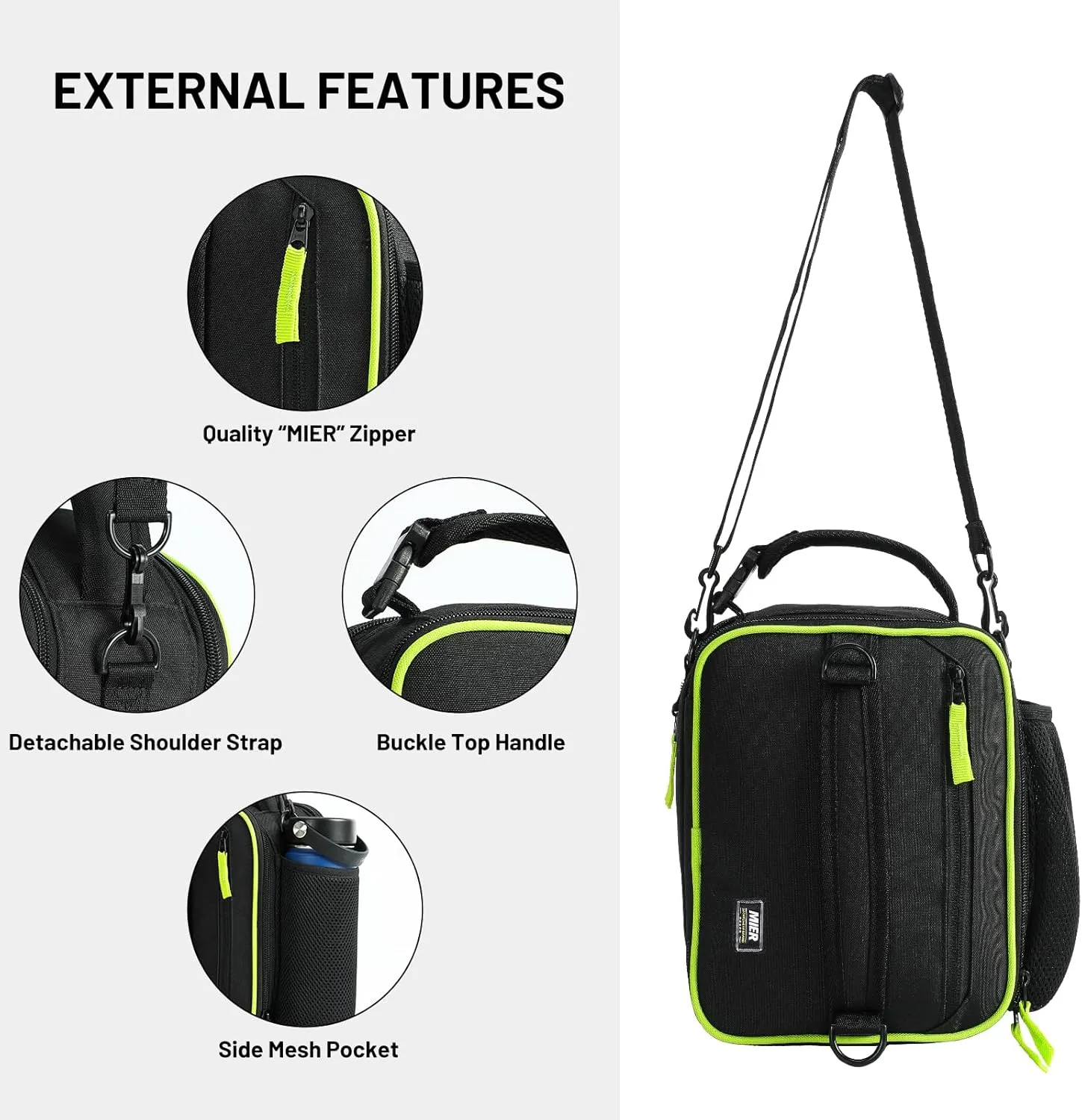 MIER Expandable Lunch Bag Insulated Lunch Box for Men to Work Travel Portable Lunchbox Bags with Shoulder Strap and Water Bottle Holder(Black/Green