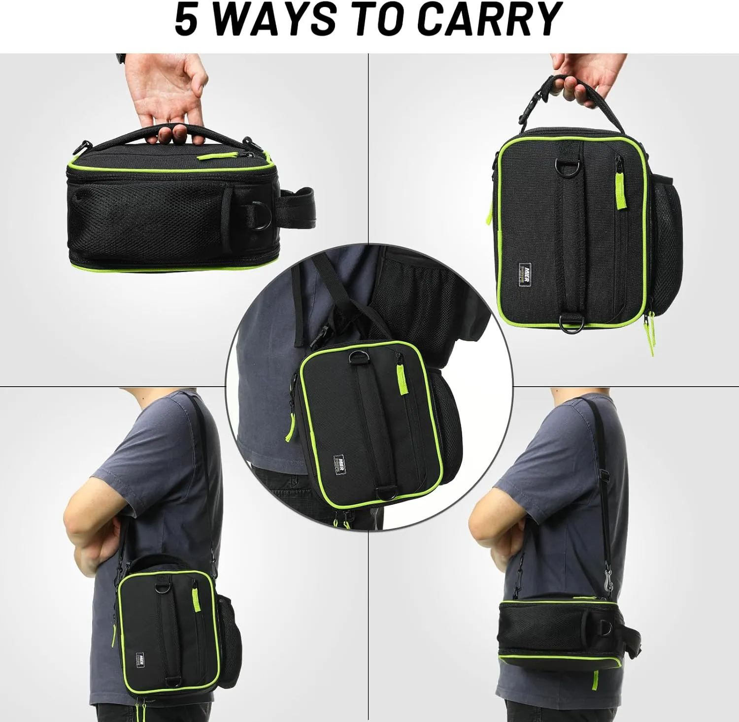 MIER Expandable Lunch Bag Insulated Lunch Box for Men to Work Travel Portable Lunchbox Bags with Shoulder Strap and Water Bottle Holder(Black/Green