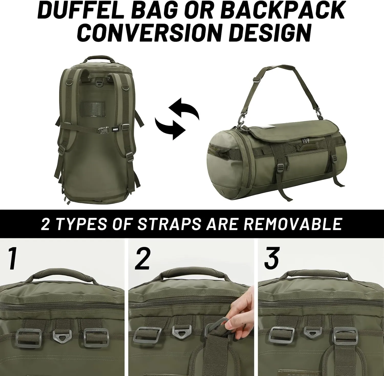 MIER Large Duffel Backpack Sports Gym Bag with Shoe Compartment, Heavy Duty and Water Resistant, Dark Green, 45L