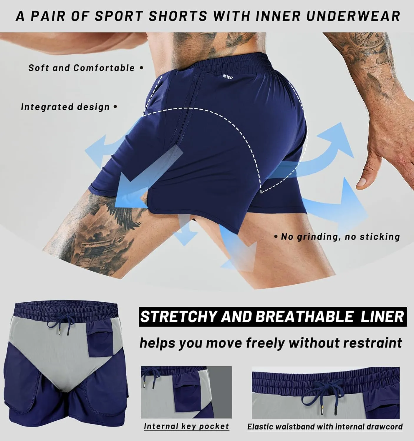 MIER Men's 3 Inches Quick Dry Running Shorts Liner Lightweight Water Resistant Athletic Workout Lined Shorts