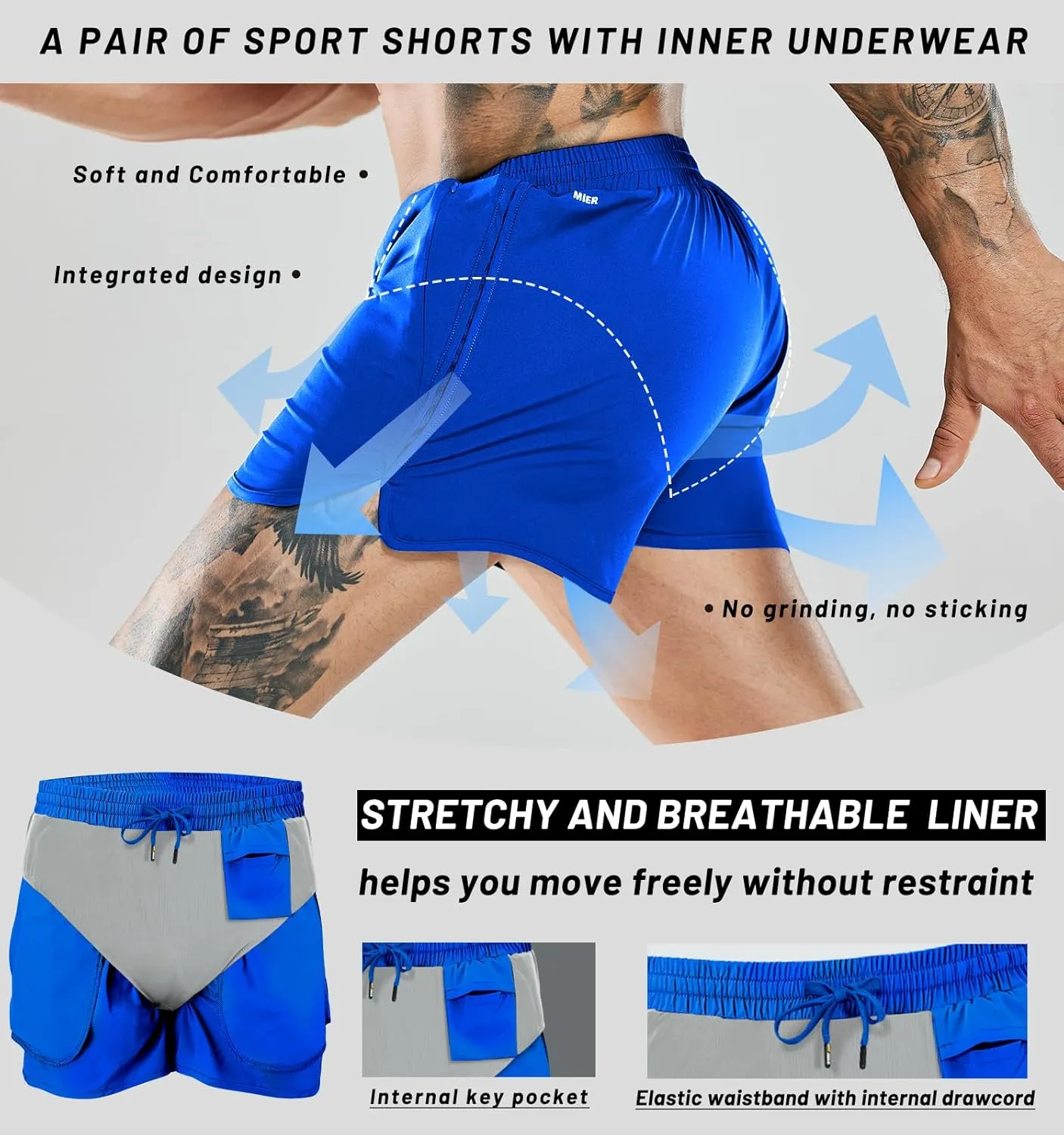 MIER Men's 3 Inches Quick Dry Running Shorts Liner Lightweight Water Resistant Athletic Workout Lined Shorts