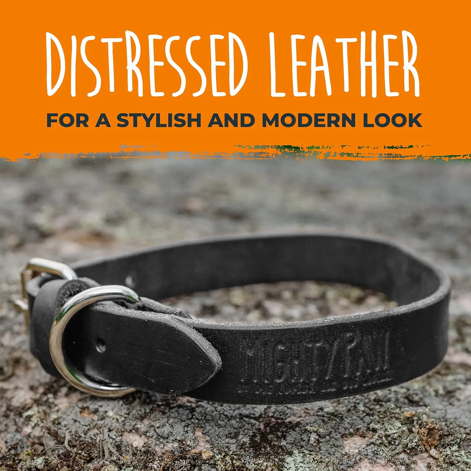 Mighty Paw Leather Dog Collar - Genuine Distressed Leather - Strong Metal Buckle - Ultimate Comfort - Modern Style for All Dogs Breeds - Comfort Puppy Collar - (Medium - Black)