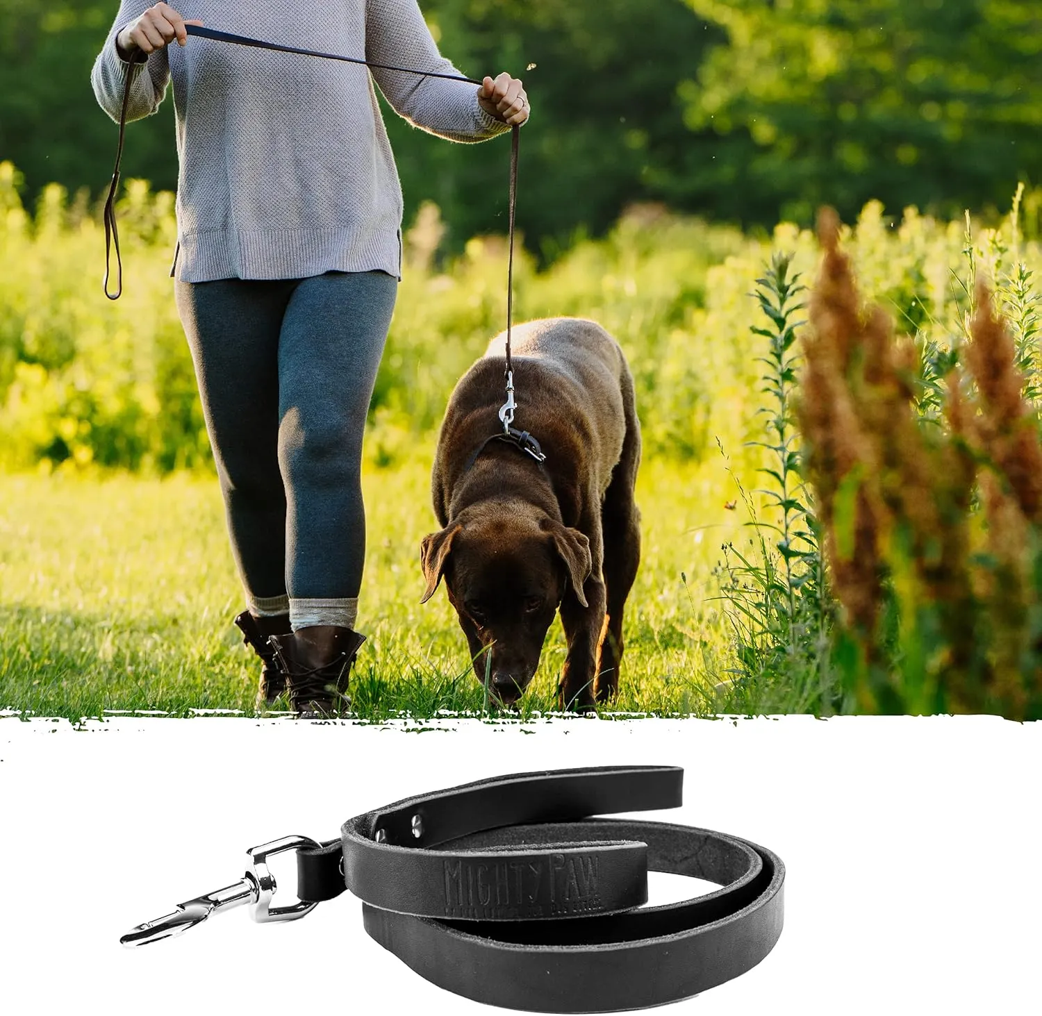 Mighty Paw Leather Dog Leash - Genuine Material Leather Leashes for All Pet Sizes - Pet Lead - 5 ft Premium Quality - Soft Material - Black