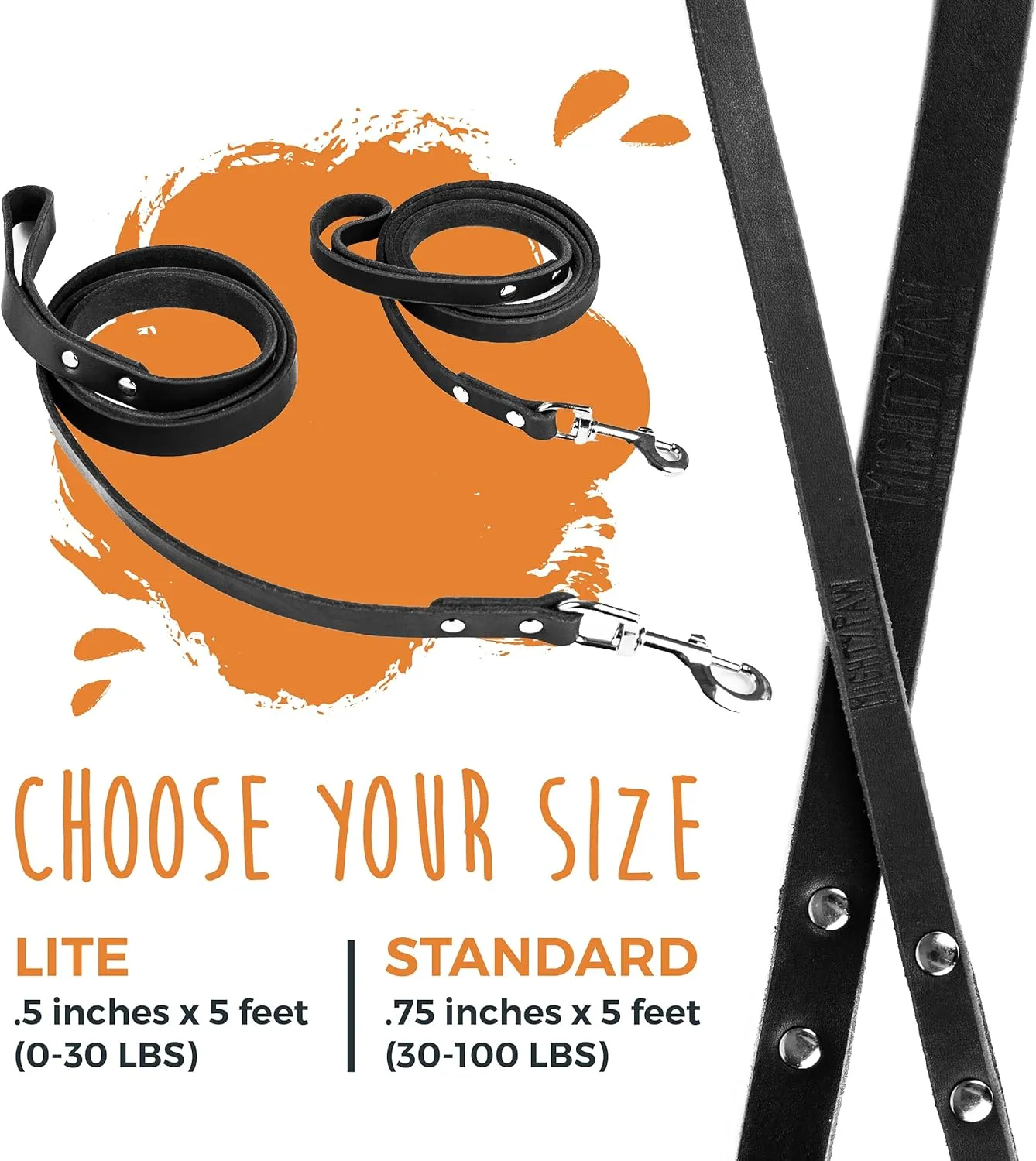 Mighty Paw Leather Dog Leash - Genuine Material Leather Leashes for All Pet Sizes - Pet Lead - 5 ft Premium Quality - Soft Material - Black