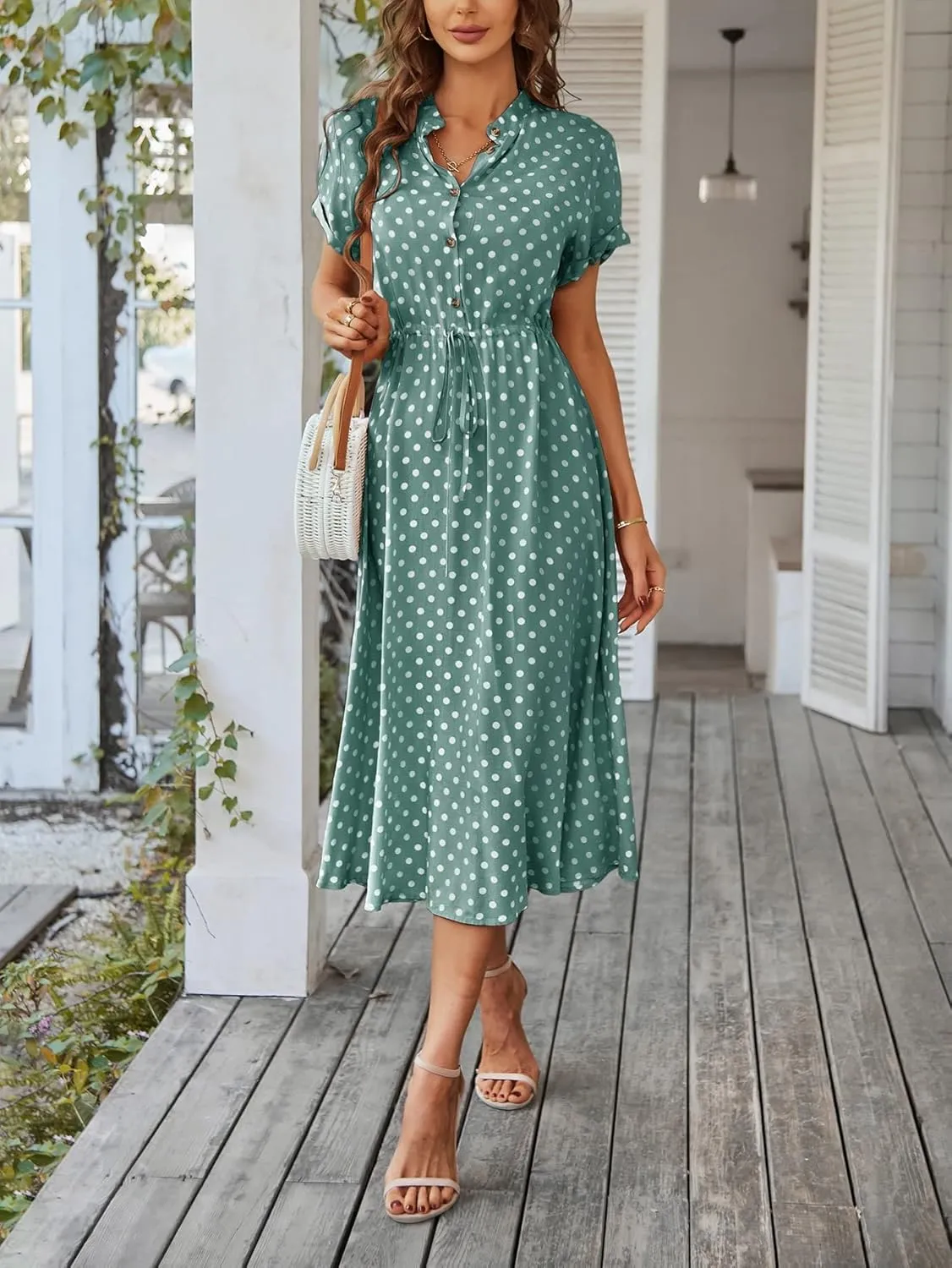 Milumia Womens Button Front Drawstring High Waist Short Sleeve A Line Midi Dress