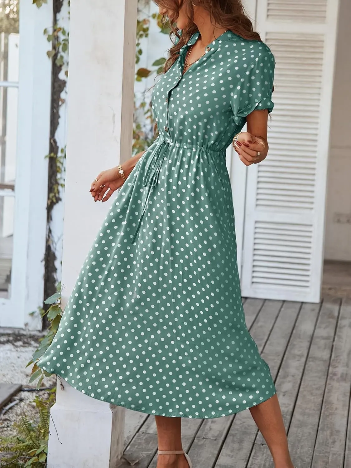 Milumia Womens Button Front Drawstring High Waist Short Sleeve A Line Midi Dress