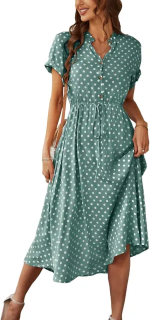 Milumia Womens Button Front Drawstring High Waist Short Sleeve A Line Midi Dress