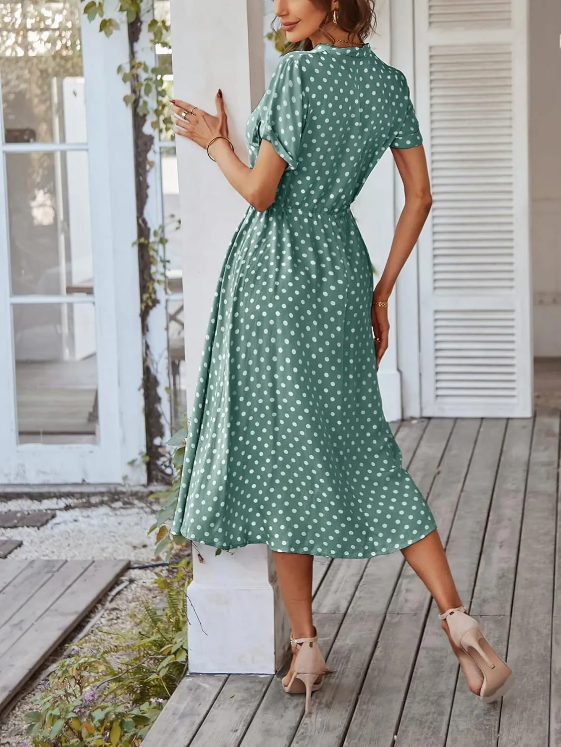 Milumia Womens Button Front Drawstring High Waist Short Sleeve A Line Midi Dress