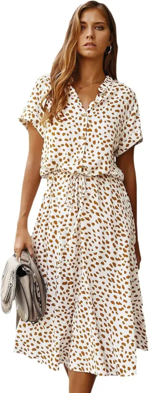 Milumia Womens Button Front Drawstring High Waist Short Sleeve A Line Midi Dress