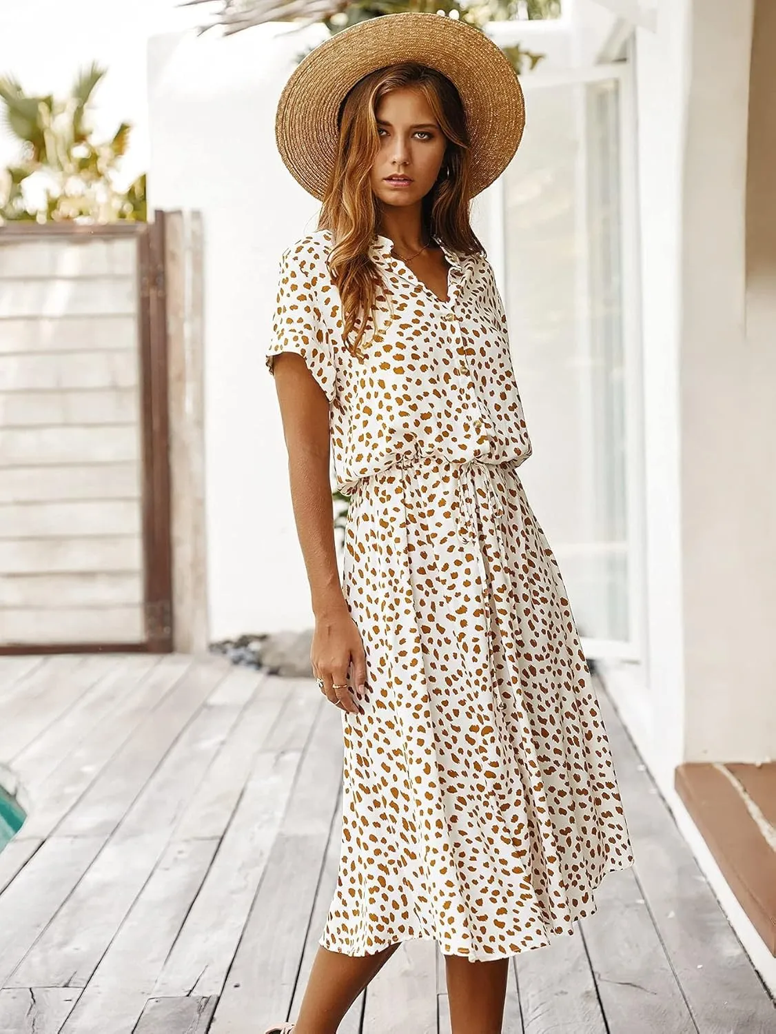 Milumia Womens Button Front Drawstring High Waist Short Sleeve A Line Midi Dress