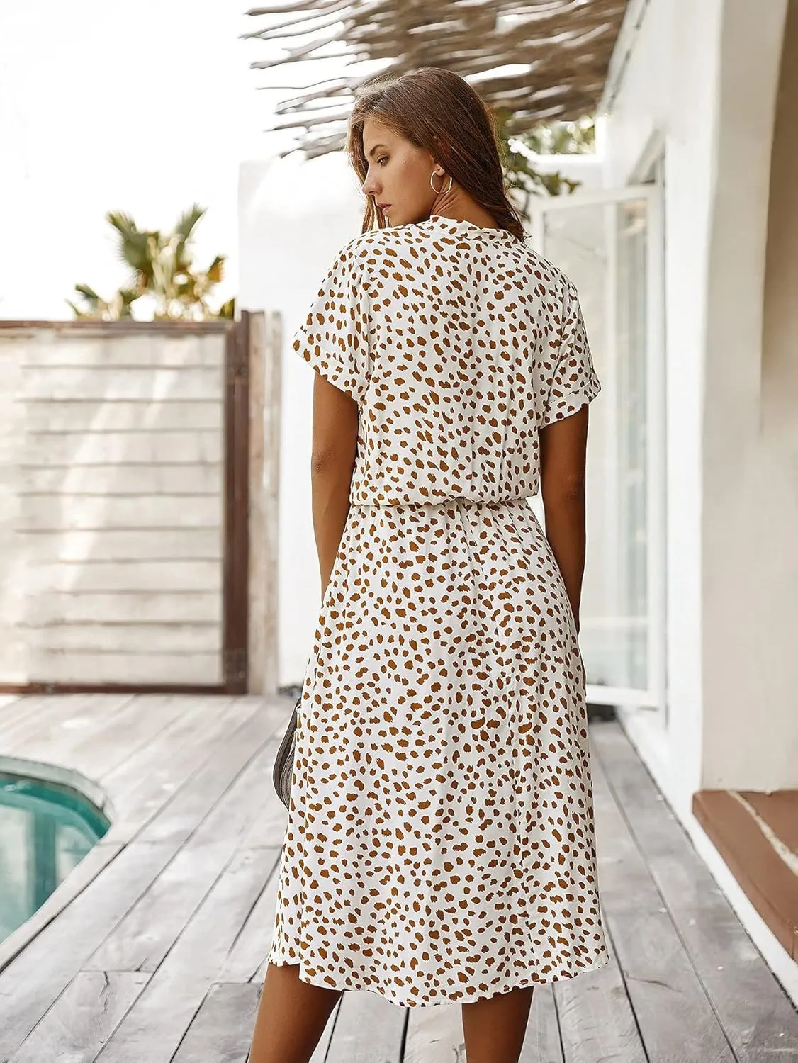 Milumia Womens Button Front Drawstring High Waist Short Sleeve A Line Midi Dress