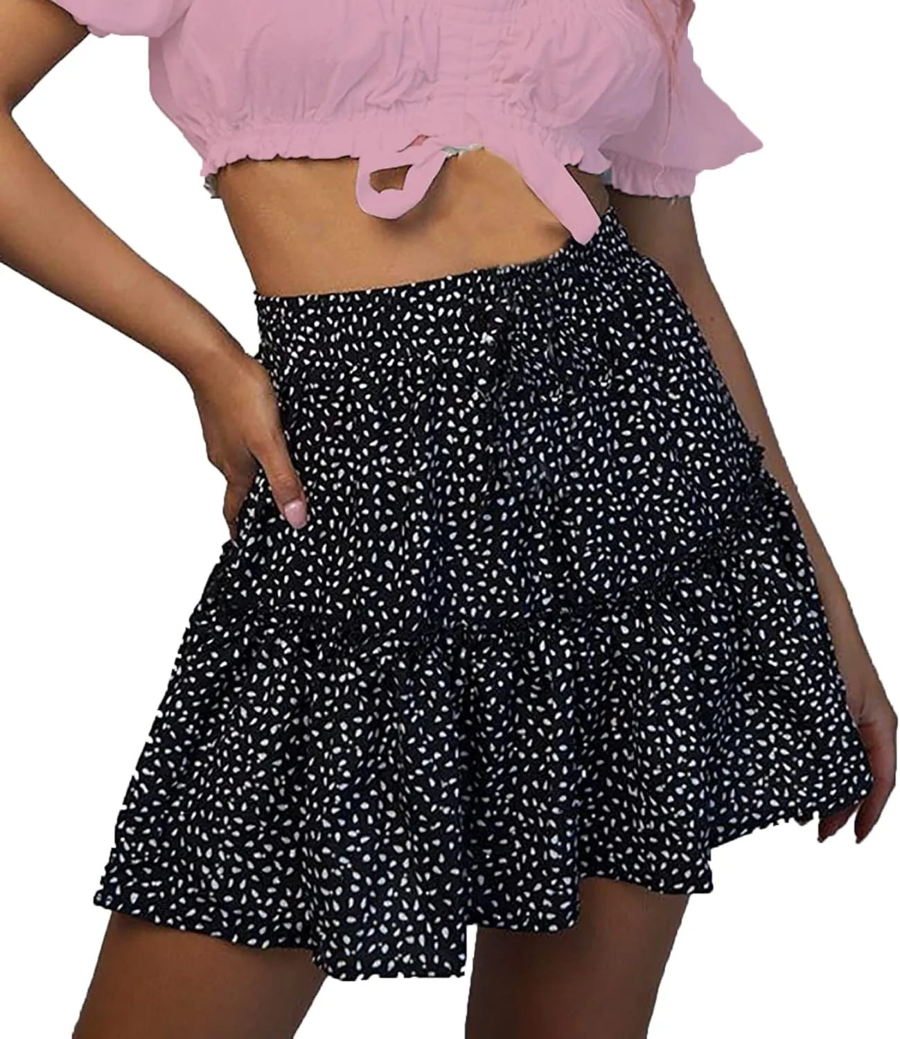Mingnos Women's Cute Layered Ruffle Floral Printed High Waisted A-line Mini Skirt with Drawstring Décor