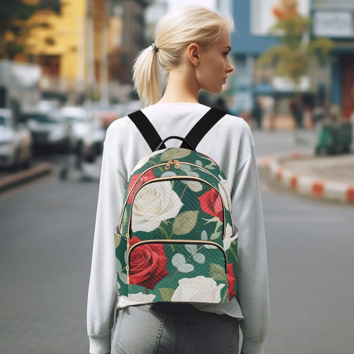 Mini Backpack Quilted Purse for Womens Small Backpack Daypack Rose Design for Travel Daily Work,Multi10