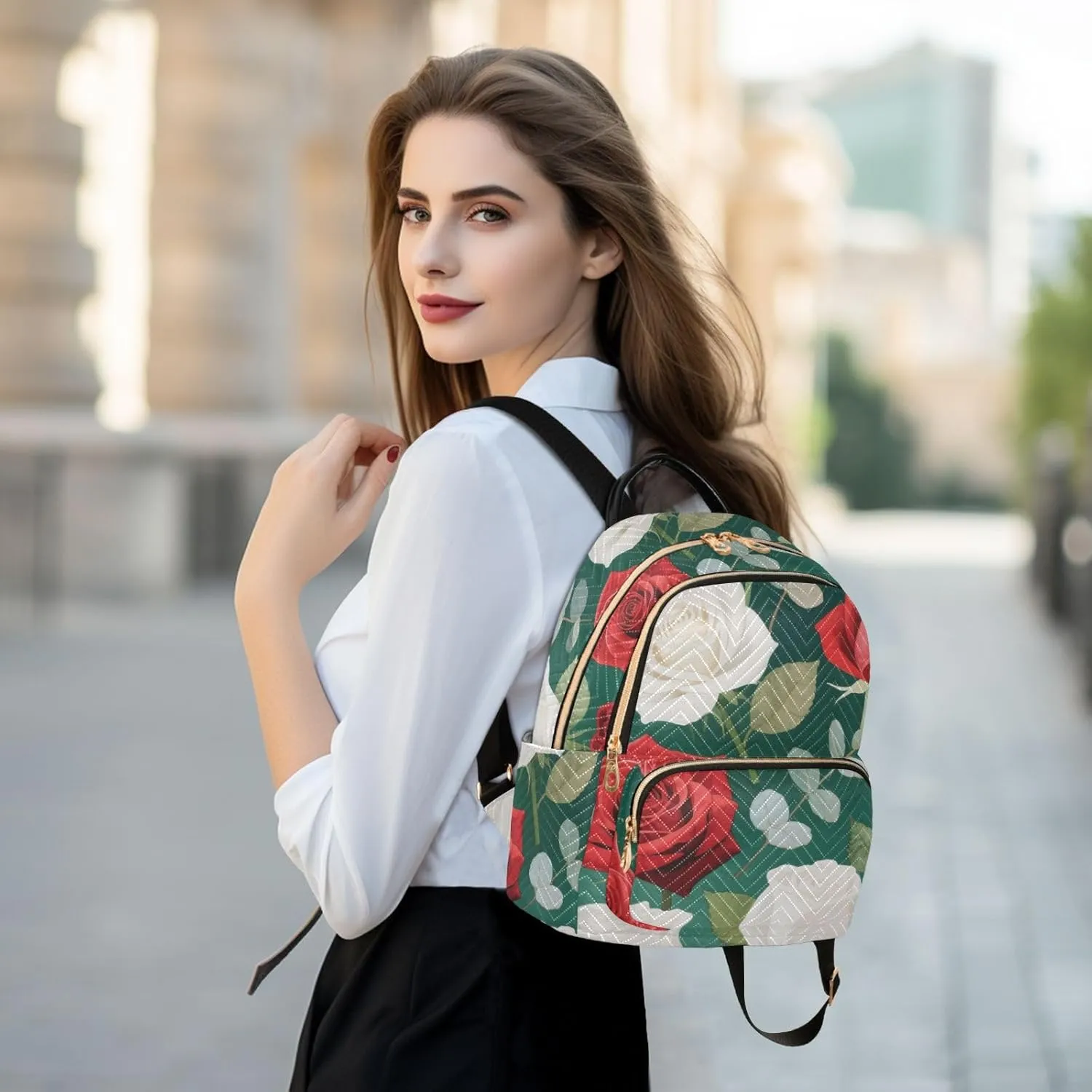 Mini Backpack Quilted Purse for Womens Small Backpack Daypack Rose Design for Travel Daily Work,Multi10