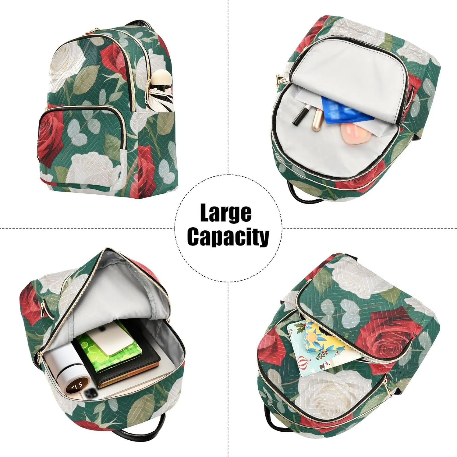 Mini Backpack Quilted Purse for Womens Small Backpack Daypack Rose Design for Travel Daily Work,Multi10