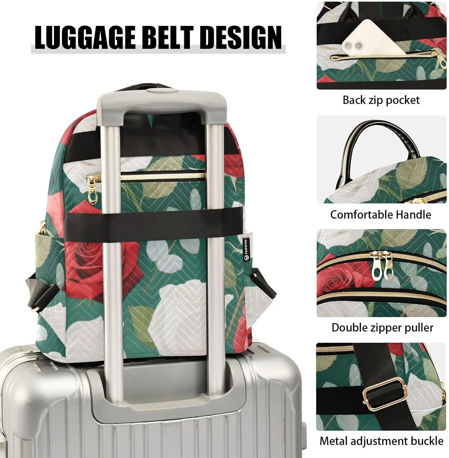 Mini Backpack Quilted Purse for Womens Small Backpack Daypack Rose Design for Travel Daily Work,Multi10
