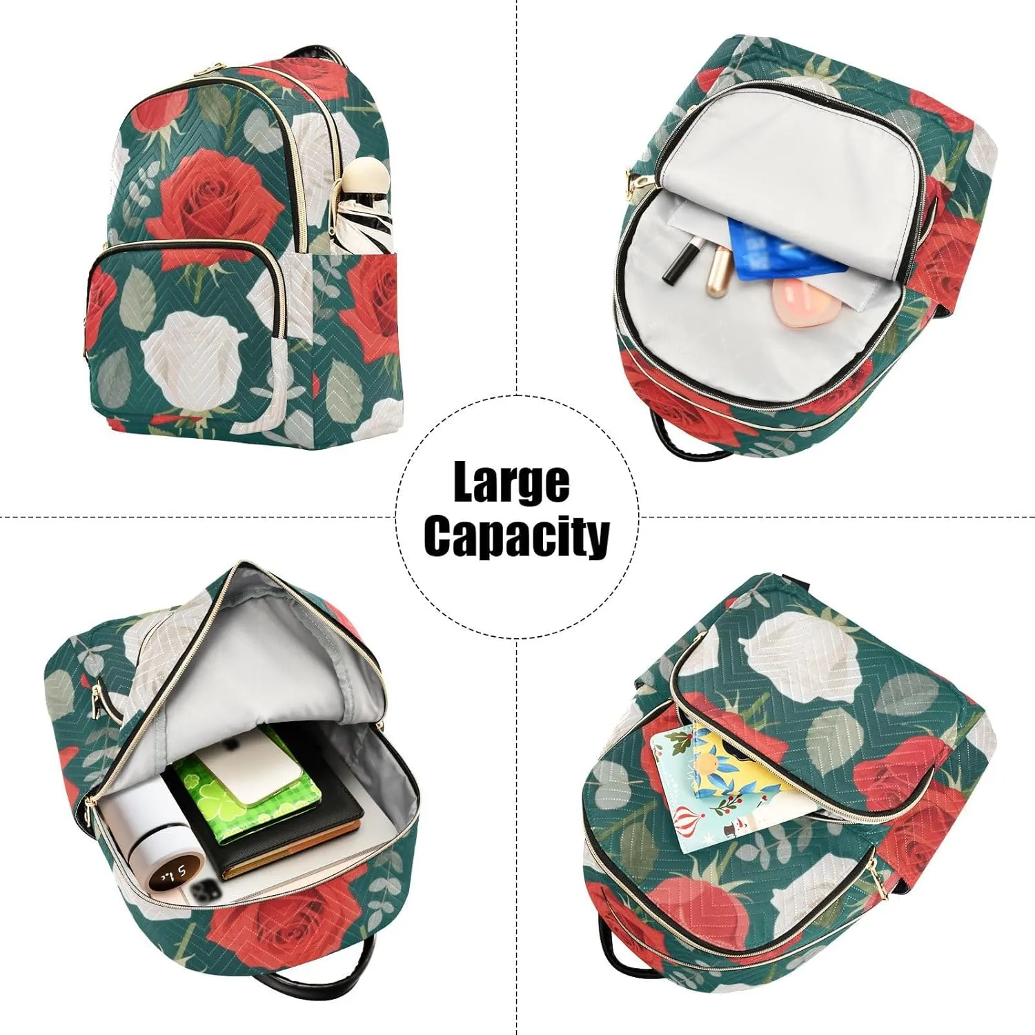 Mini Backpack Quilted Purse for Womens Small Backpack Daypack Rose Design for Travel Daily Work,Multi2