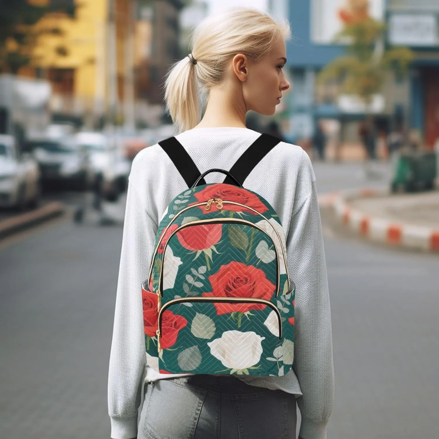 Mini Backpack Quilted Purse for Womens Small Backpack Daypack Rose Design for Travel Daily Work,Multi2