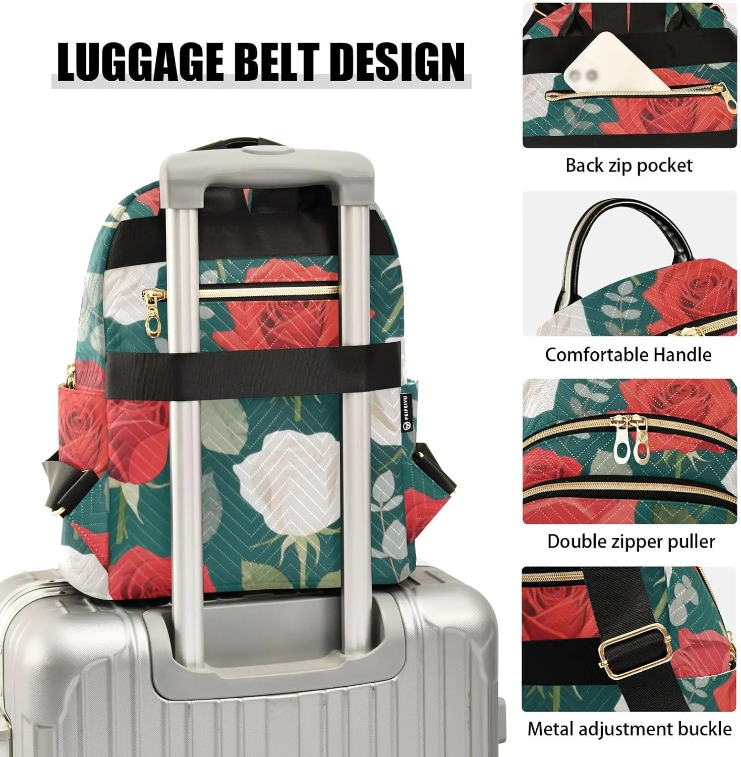 Mini Backpack Quilted Purse for Womens Small Backpack Daypack Rose Design for Travel Daily Work,Multi2