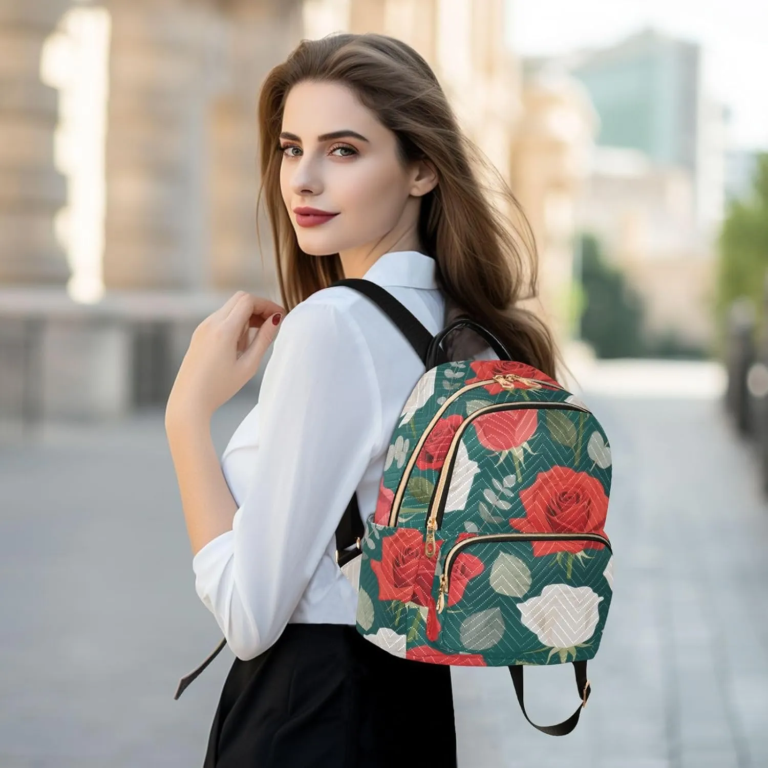 Mini Backpack Quilted Purse for Womens Small Backpack Daypack Rose Design for Travel Daily Work,Multi2