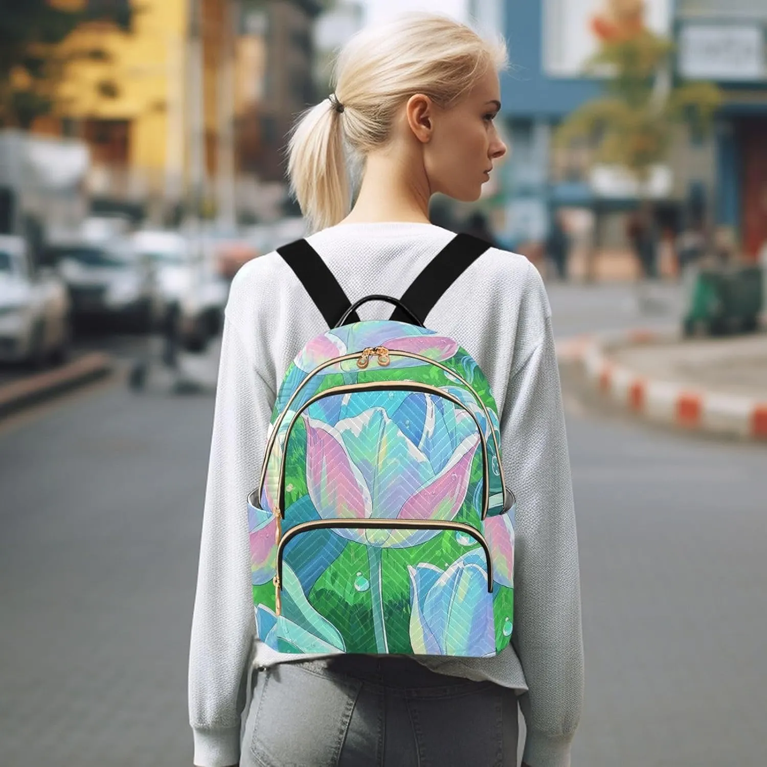 Mini Backpack Quilted Purse for Womens Small Backpack Daypack Tulips Design for Travel Daily Office,Multi3