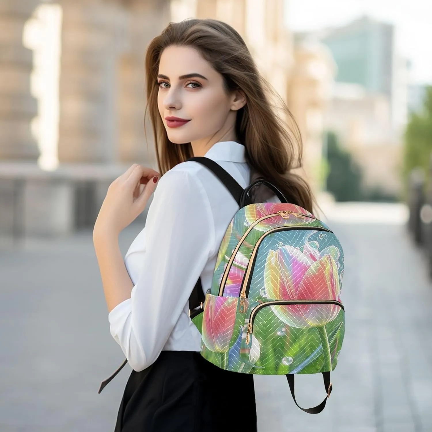 Mini Backpack Quilted Purse for Womens Small Backpack Daypack Tulips Design for Travel Daily Work,Multi10