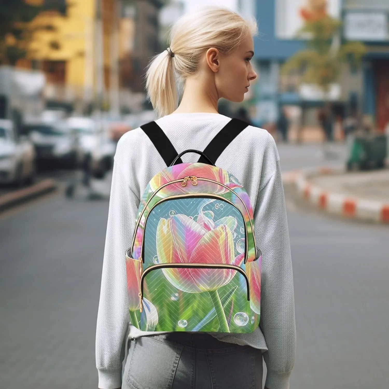 Mini Backpack Quilted Purse for Womens Small Backpack Daypack Tulips Design for Travel Daily Work,Multi10