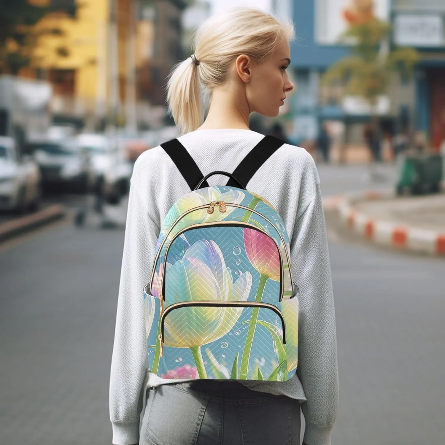 Mini Backpack Quilted Purse for Womens Small Backpack Daypack Tulips Design for Travel Daily Work,Multi1