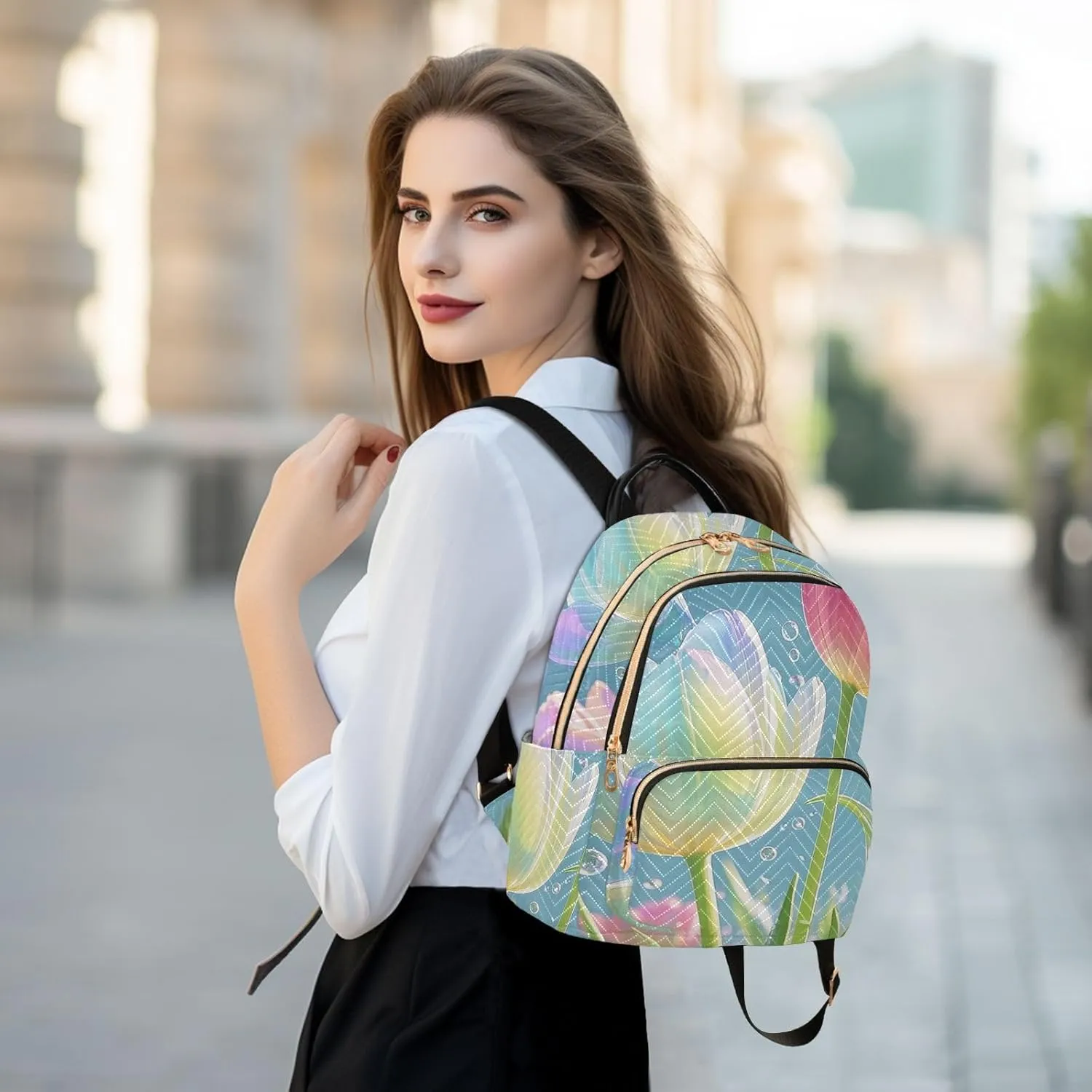 Mini Backpack Quilted Purse for Womens Small Backpack Daypack Tulips Design for Travel Daily Work,Multi1