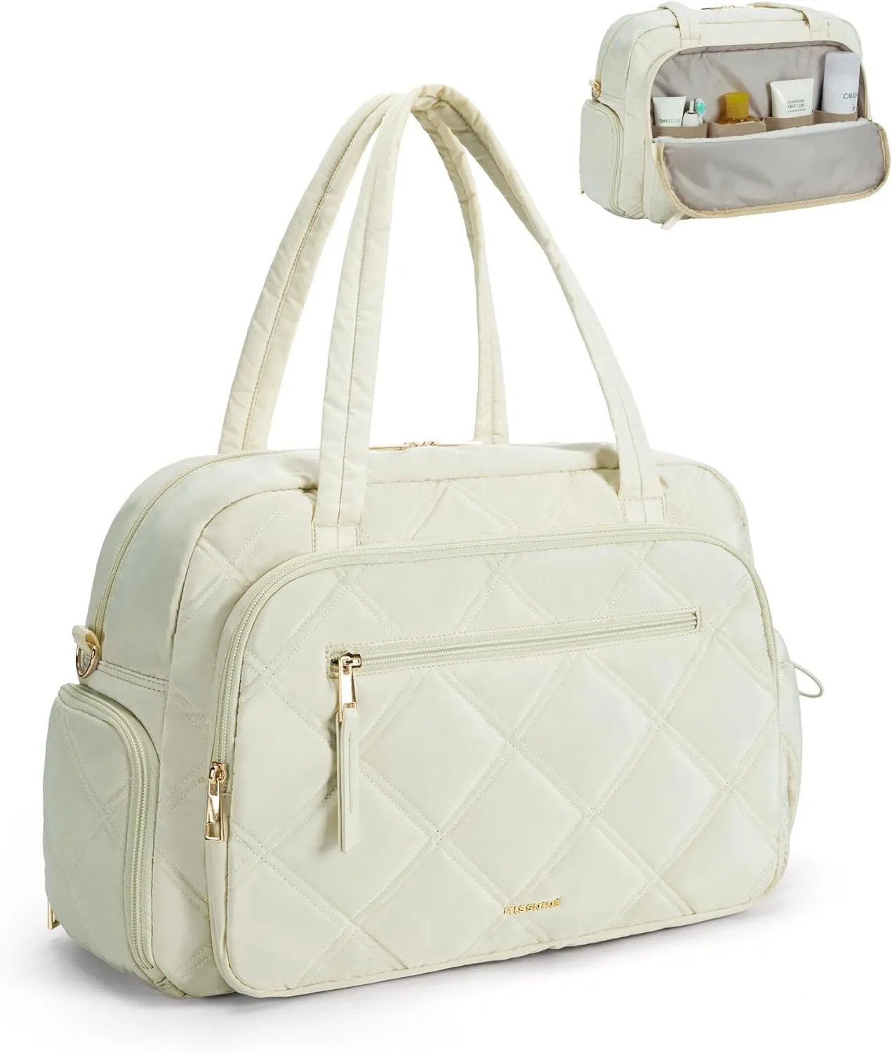 Missnine Small Gym Bag for Women with Shoe Compartment, weekend bag for Travel with Toiletry Organizer Compartment, Overnight Quilted Duffle for Airplane, Puffer Beige
