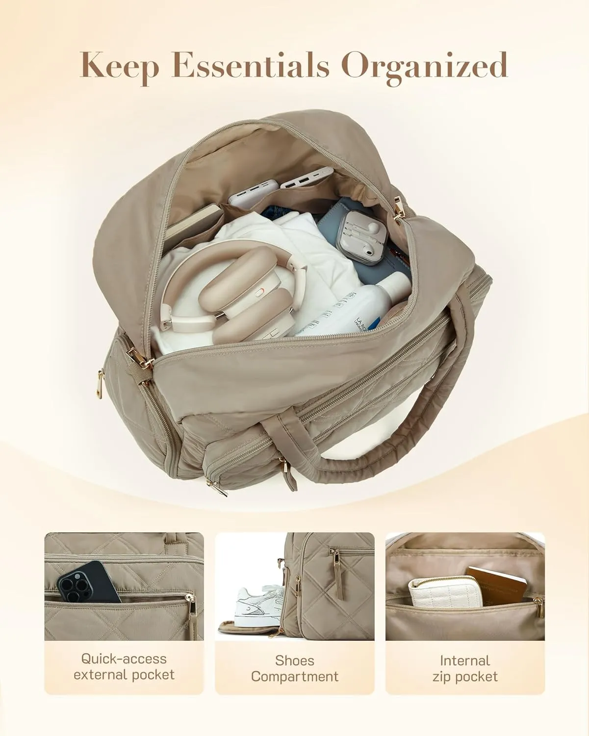 Missnine Small Gym Bag for Women with Shoe Compartment, weekend bag for Travel with Toiletry Organizer Compartment, Overnight Quilted Duffle for Airplane, Puffer Beige